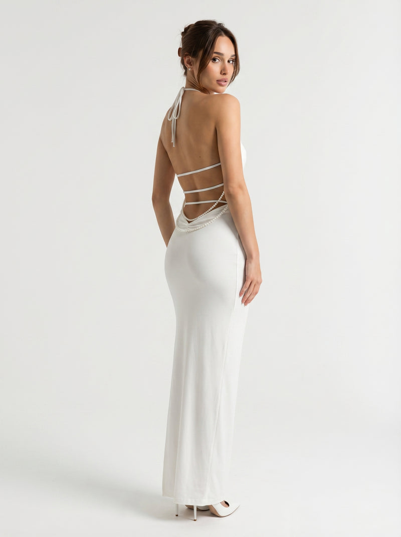 White Halter Maxi Dress With Delicate Straps