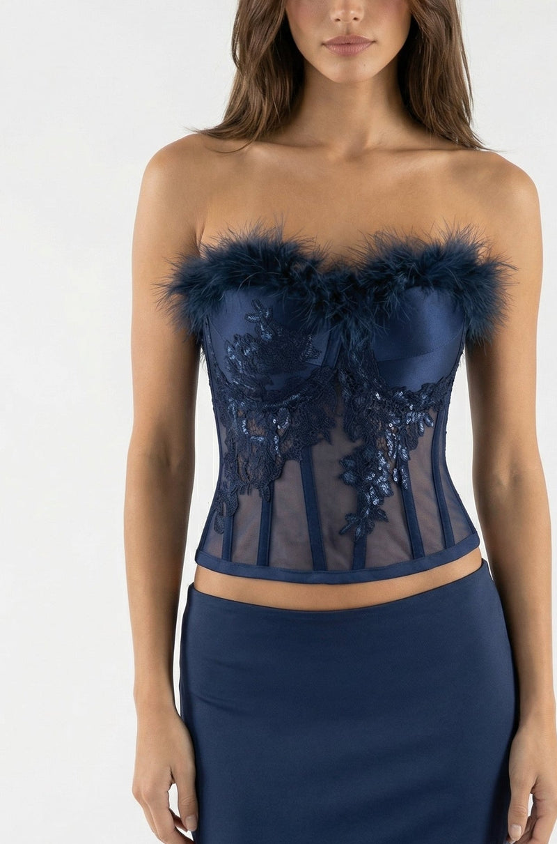Navy Lace & Feather Corset Top